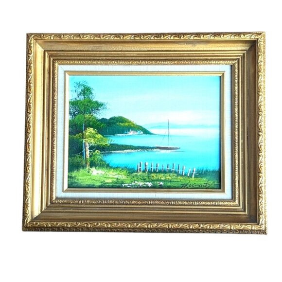 Vintage Nautical Landscape Oil on Canvas Painting, Gold Wood Frame, Signed 18x15